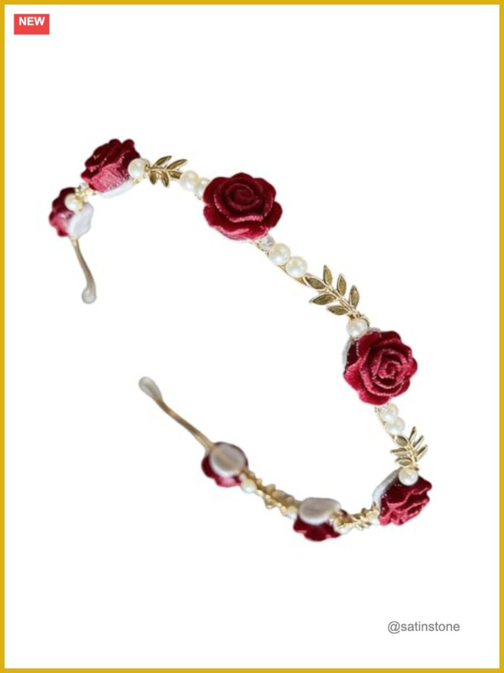 Red Velvet Rose Headband Gilded Faux Pearl Floral Hair Accessory Bridal Wedding
